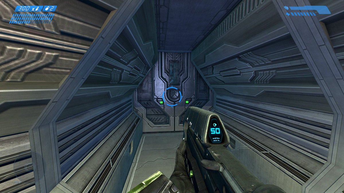 First-person view of a futuristic corridor with a sci-fi rifle and HUD.