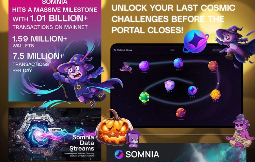 Colorful Somnia news poster highlighting Odyssey finale, milestones, and weekly updates.
