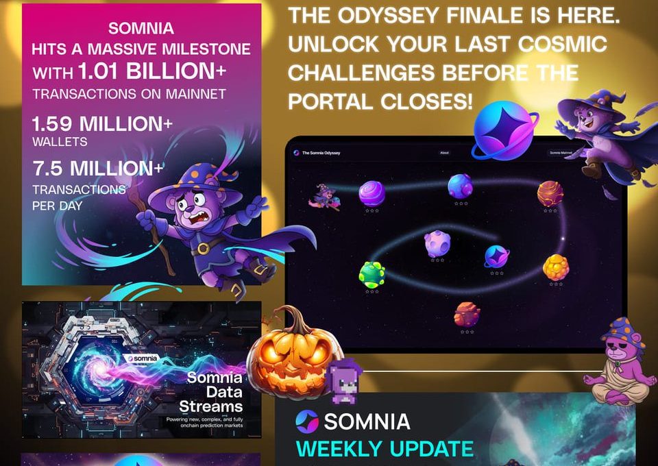 Colorful Somnia news poster highlighting Odyssey finale, milestones, and weekly updates.