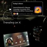 Car dashboard at night showing music playback and a trending news overlay about Somnia Network