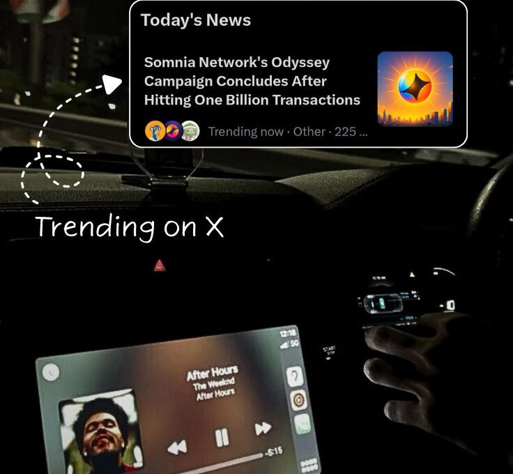 Car dashboard at night showing music playback and a trending news overlay about Somnia Network
