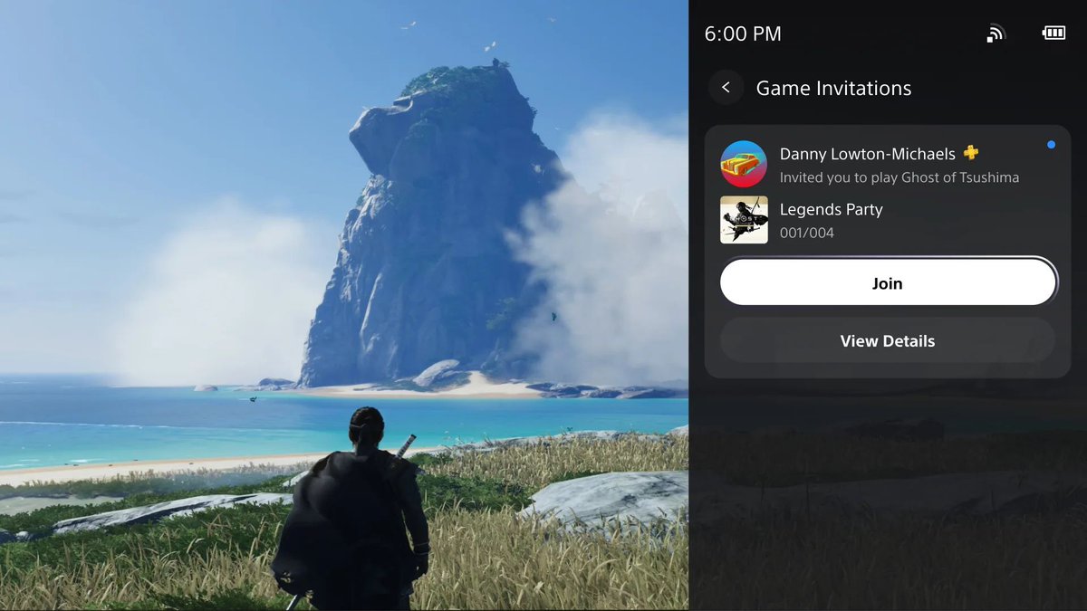 Samurai overlooking a beach and rocky island while a game invitation overlay appears