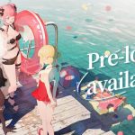 Three anime girls in swimsuits standing on a wooden dock beside a pool