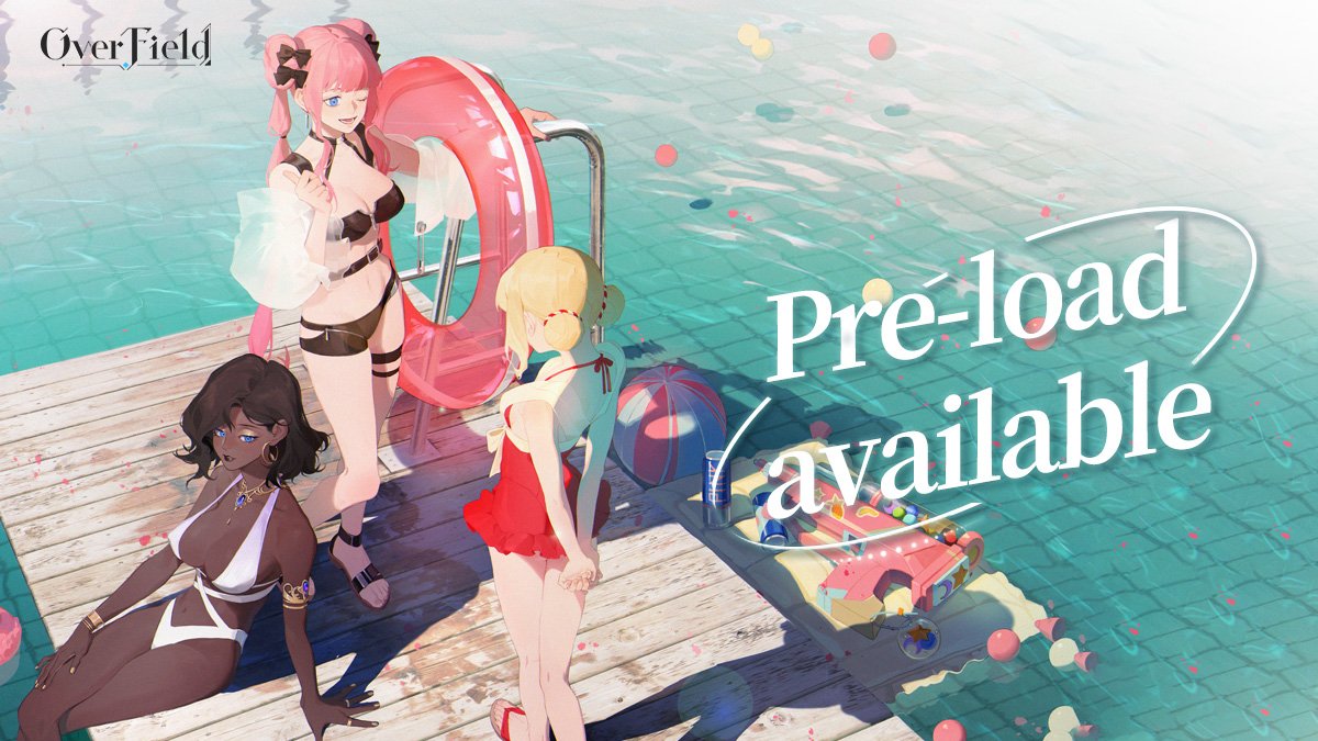 Three anime girls in swimsuits standing on a wooden dock beside a pool