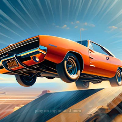 Orange classic muscle car airborne over a desert highway ramp at sunset