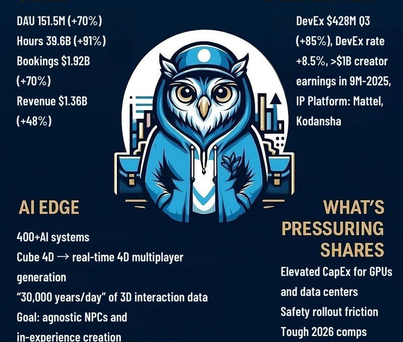 Infographic summarizing Roblox Q3 metrics, AI initiatives, creator earnings, and investor concerns