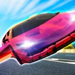 Bright pink sports car speeding above a highway with motion blur and glowing headlights