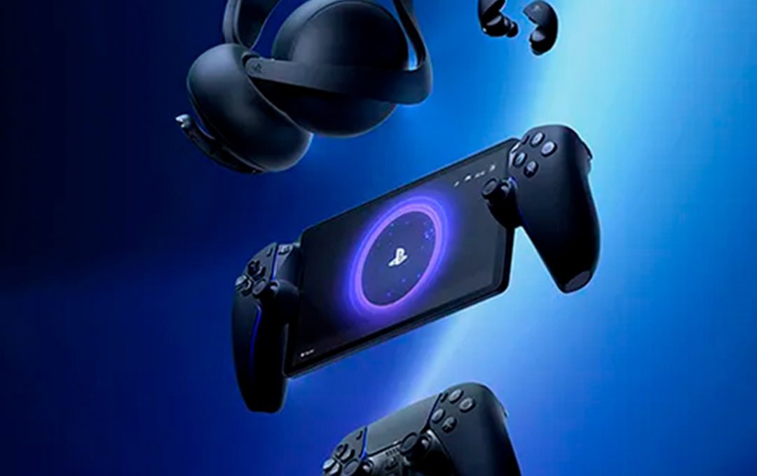 Floating PlayStation controller, handheld console, headset, and earbuds against blue gradient background