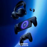 Floating PlayStation controller, handheld console, headset, and earbuds against blue gradient background