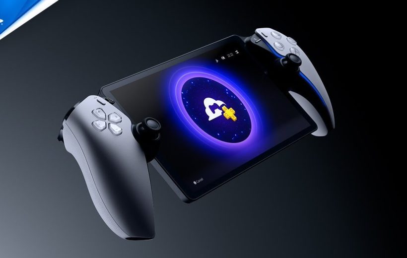 Portable gaming tablet with detachable PlayStation-style controllers and glowing subscription logo on screen