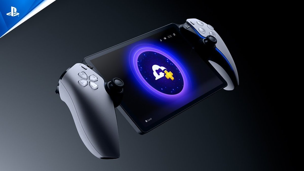Portable gaming tablet with detachable PlayStation-style controllers and glowing subscription logo on screen