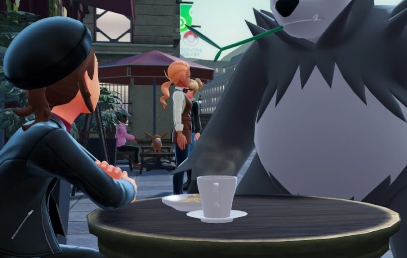 Person in beret facing large, intimidating panda-like creature across a café table.