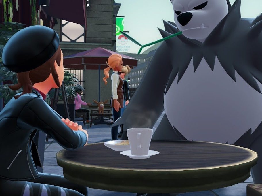 Person in beret facing large, intimidating panda-like creature across a café table.