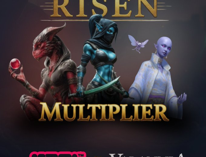Three fantasy characters—a demon, masked warrior, and mystical elf—with "RISEN MULTIPLIER" title
