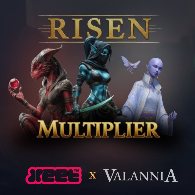 Three fantasy characters—a demon, masked warrior, and mystical elf—with "RISEN MULTIPLIER" title