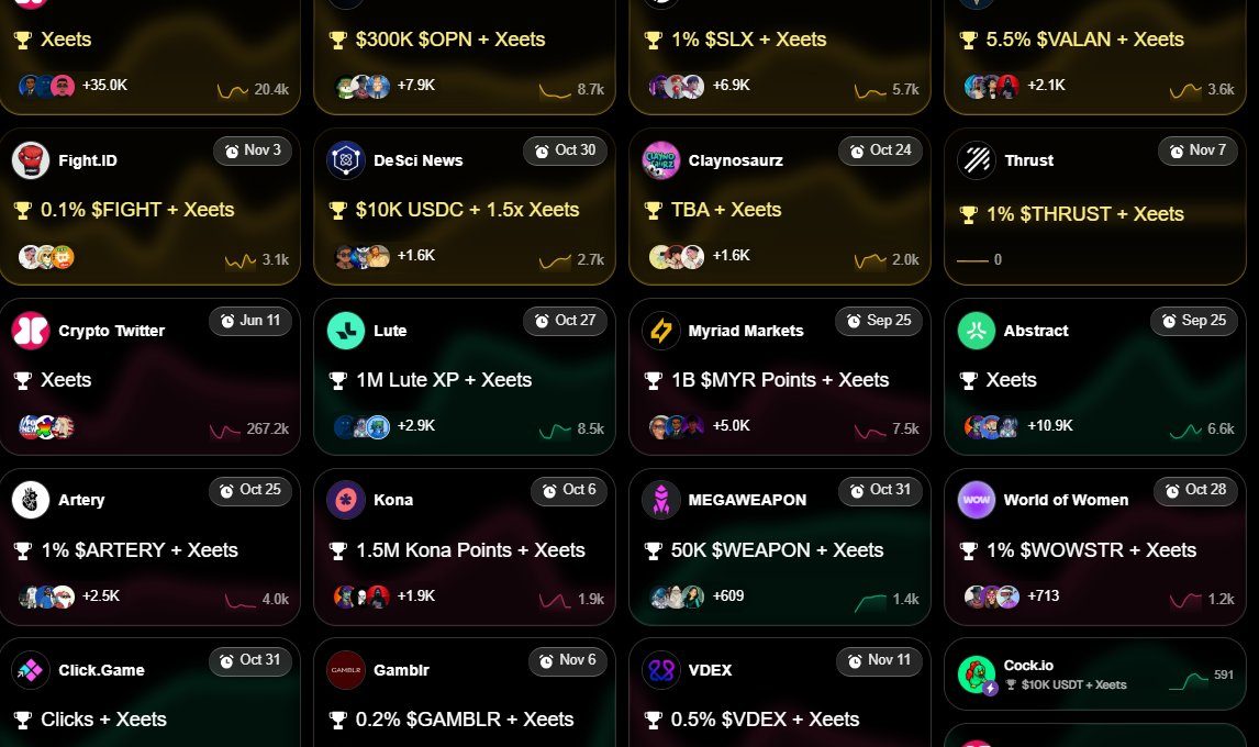 Grid of dark-themed crypto project cards showing names, rewards, dates, and small icons