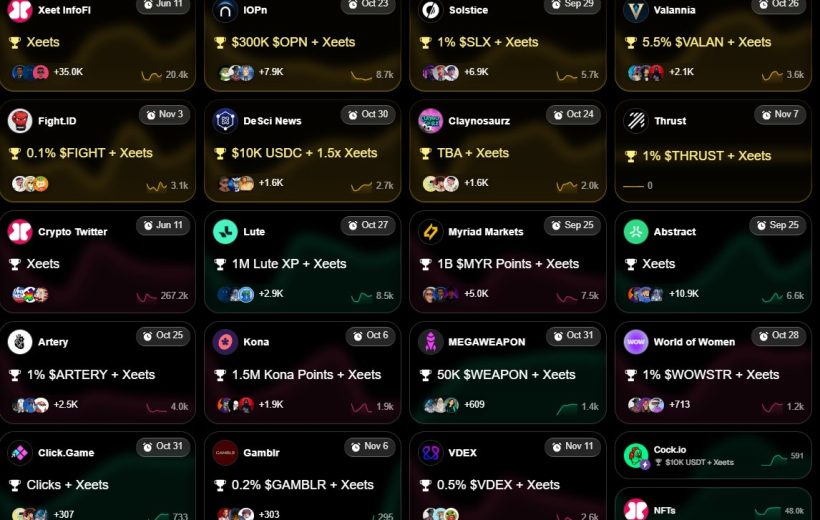 Grid of dark-themed crypto project cards showing names, rewards, dates, and small icons