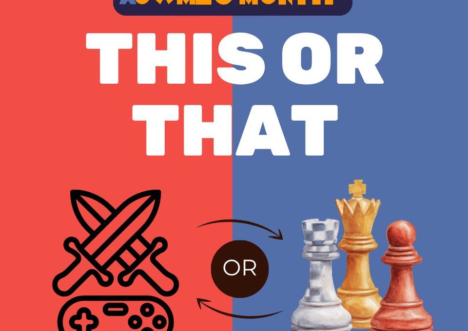 Split poster showing "This or That" choices: adventure game controller vs chess pieces for strategy