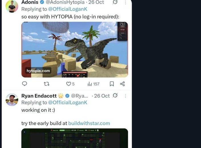 Chat conversation screenshot showing tweets about game dev, AI-generated 3D models, and builds.