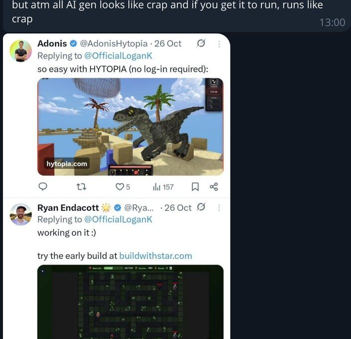 Chat conversation screenshot showing tweets about game dev, AI-generated 3D models, and builds.
