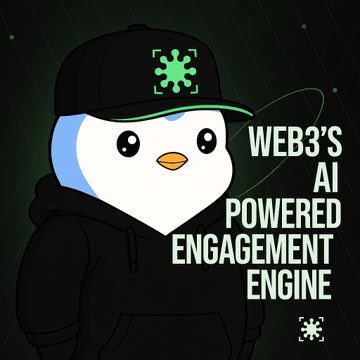 Cartoon penguin mascot wearing hoodie and cap beside text "Web3's AI powered engagement engine"