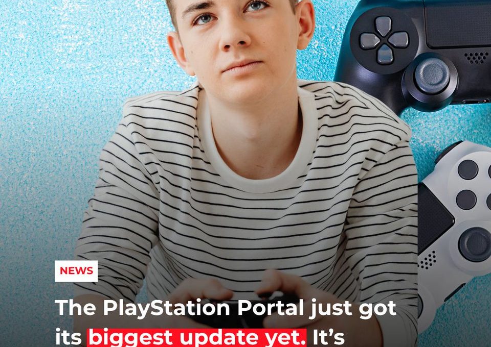 Teen holding a game controller with PlayStation controllers pictured against blue background