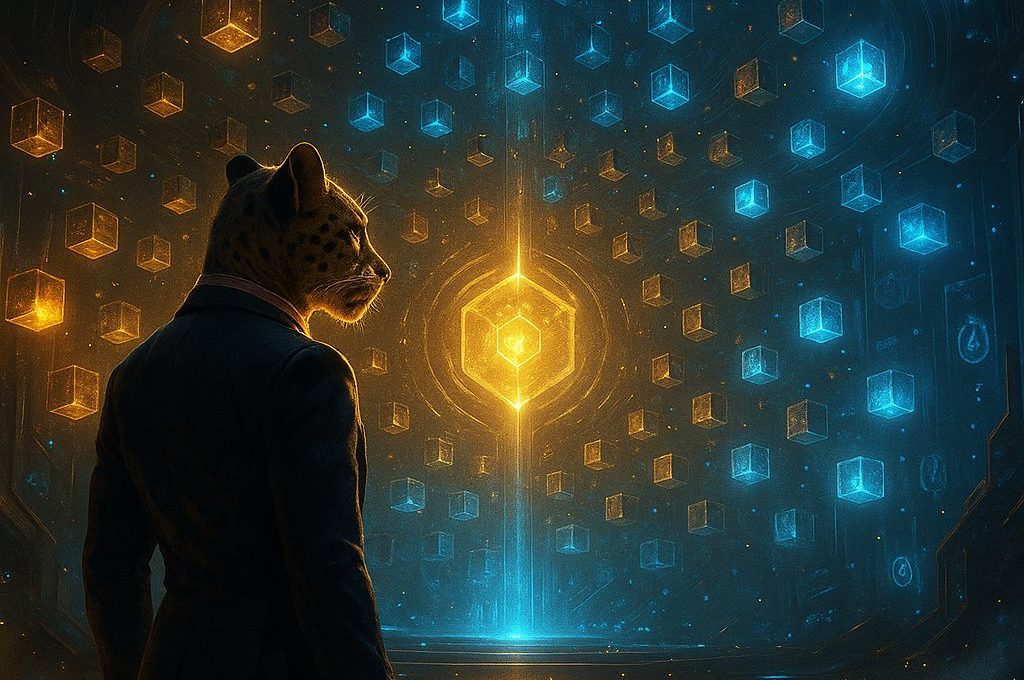 Anthropomorphic leopard in suit observing glowing golden cube amidst floating blue and gold cubes