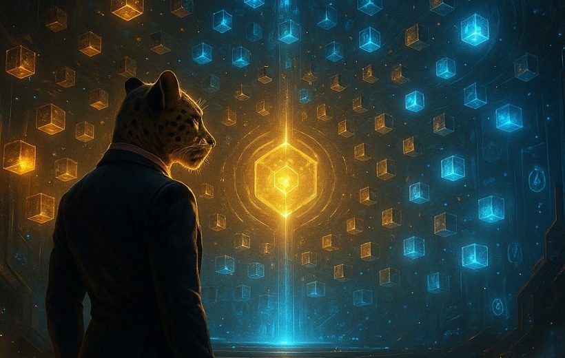 Anthropomorphic leopard in suit observing glowing golden cube amidst floating blue and gold cubes