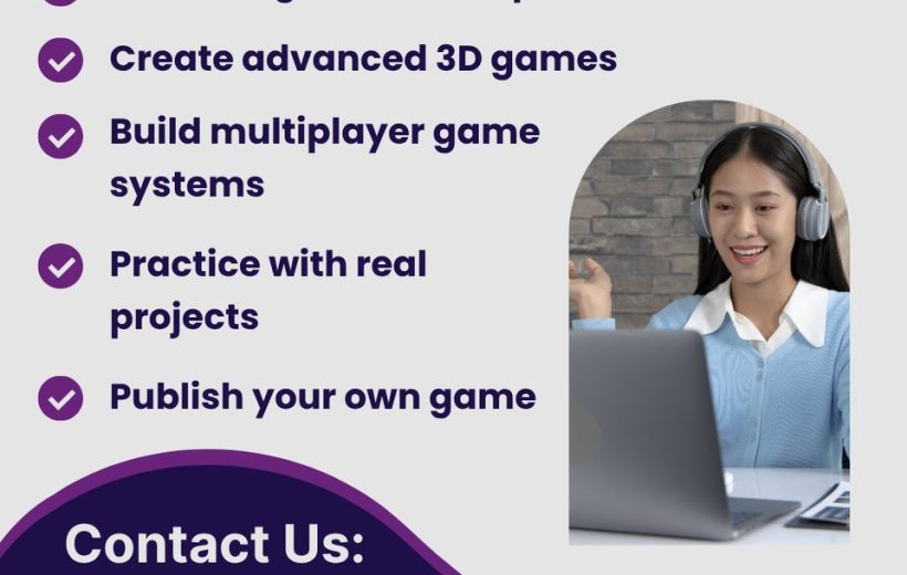 Smiling student with headphones working on a laptop beside Rev Games Academy course list