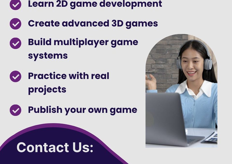 Smiling student with headphones working on a laptop beside Rev Games Academy course list