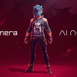 Futuristic masked character standing center between Linera and AI Nexus logos on red background
