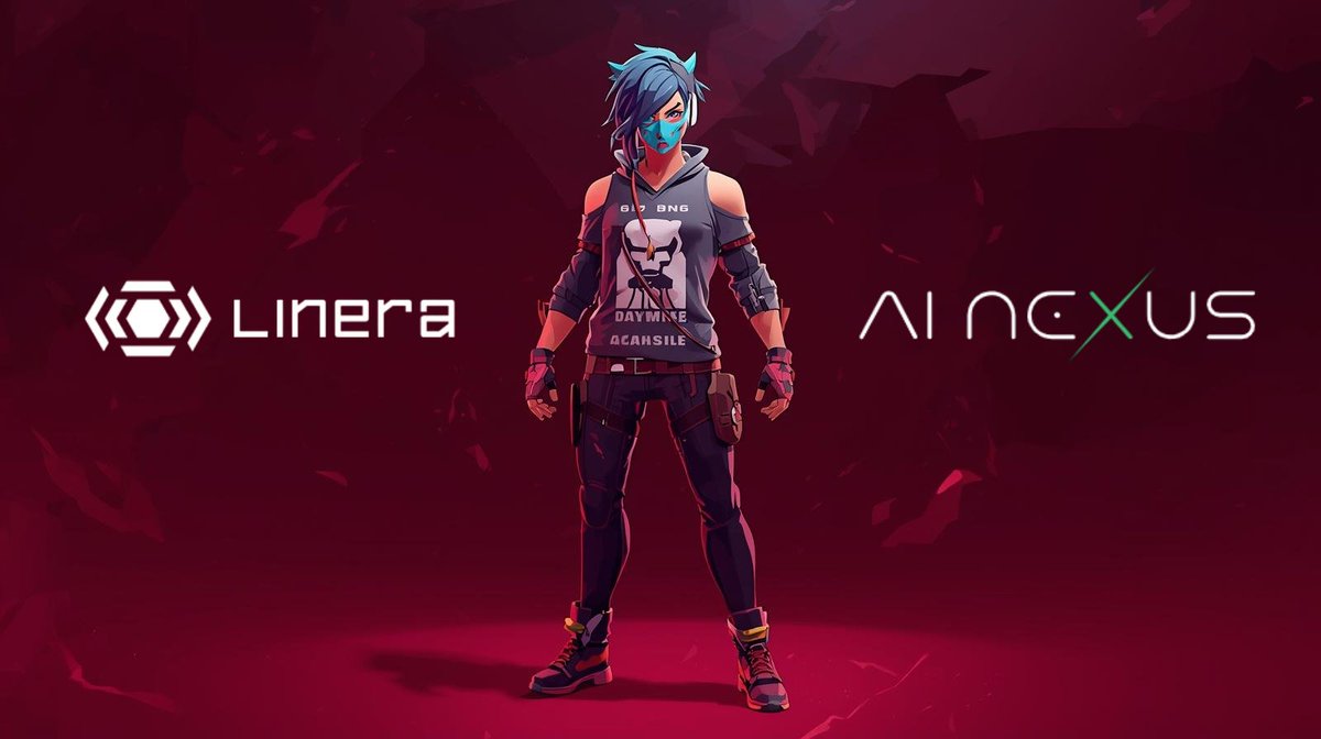 Futuristic masked character standing center between Linera and AI Nexus logos on red background