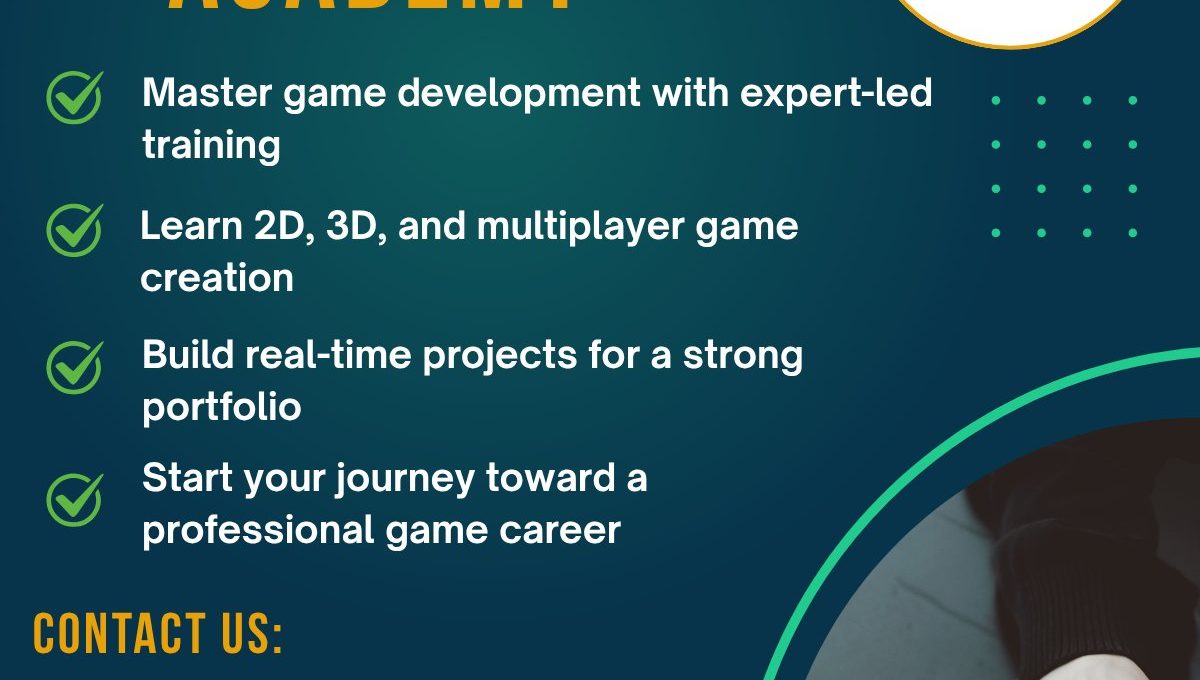 Rev Games Academy poster listing game development courses, contact info, and logo