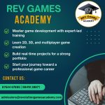 Rev Games Academy poster listing game development courses, contact info, and logo