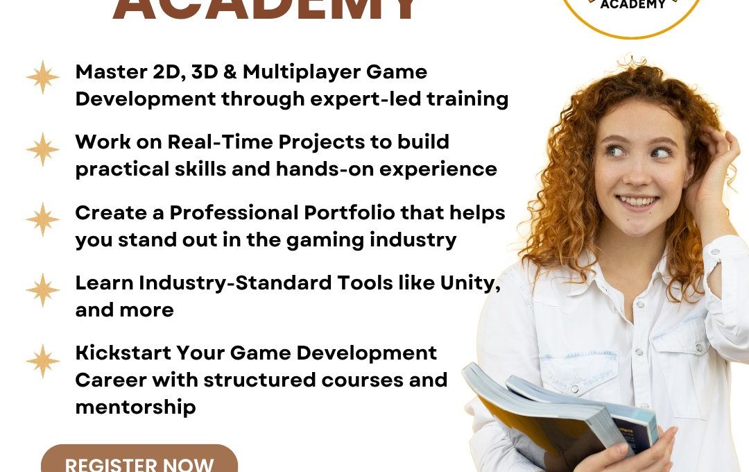 Smiling student holding books beside Rev Games Academy course details and contact information