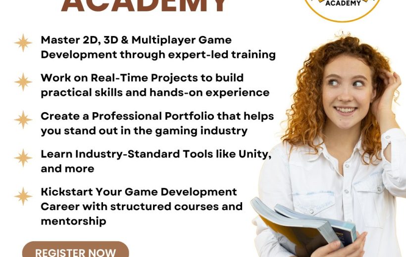 Smiling student holding books beside Rev Games Academy course details and contact information