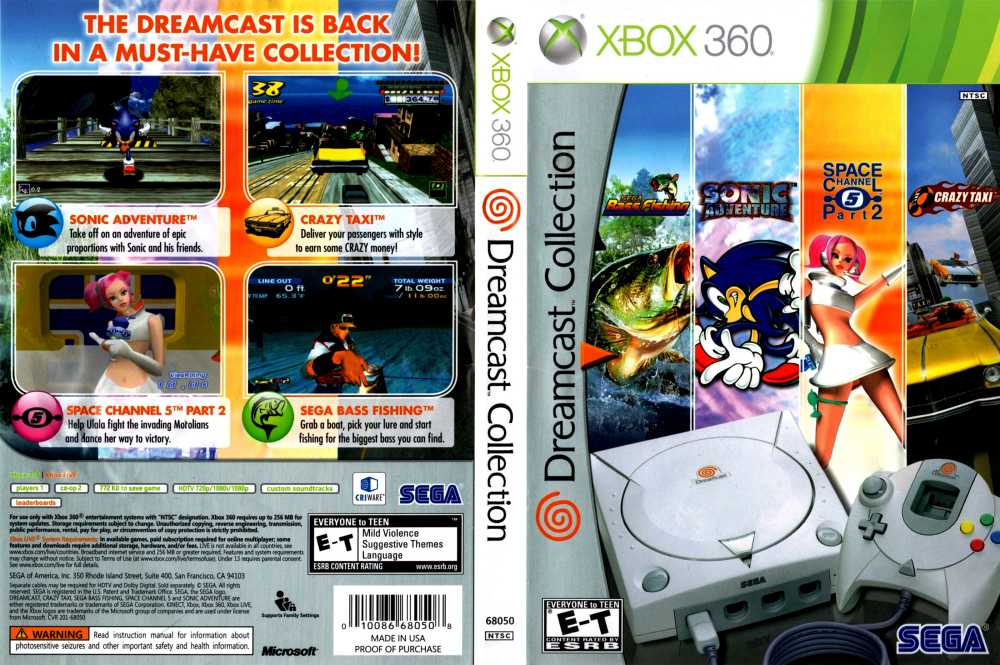 Dreamcast Collection Xbox 360 cover showing console, controller, Sonic, Space Channel and games
