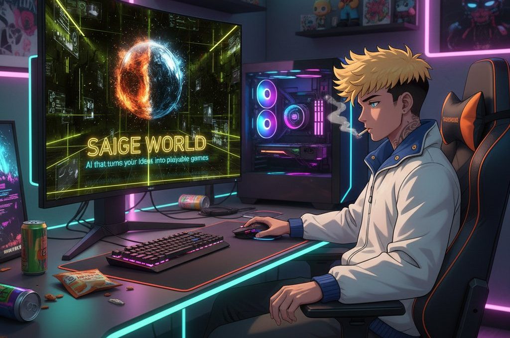 Teen gamer in neon-lit room smoking while using a high-end PC and monitor