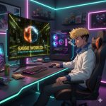 Teen gamer in neon-lit room smoking while using a high-end PC and monitor