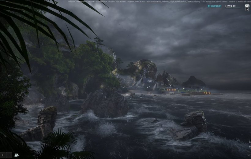 Stormy coastal scene with rocky shoreline, crashing waves, and distant industrial buildings.