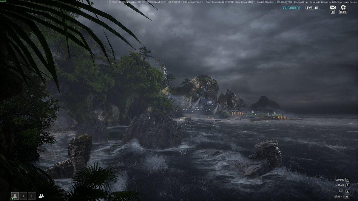 Stormy coastal scene with rocky shoreline, crashing waves, and distant industrial buildings.