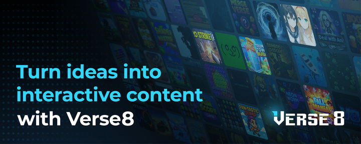 Bold blue text "Turn ideas into interactive content with Verse8" over game thumbnails