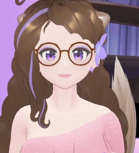 Animated female avatar with glasses, purple eyes, floral hair accessory, wearing pink dress