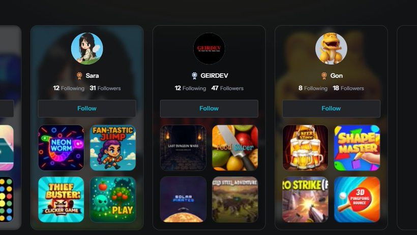 Dark dashboard showing top creators cards with avatars, follower counts, and game icons