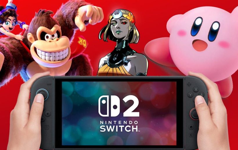 Hands holding a Nintendo Switch OLED with Donkey Kong, Kirb y, and other characters