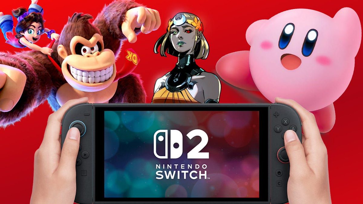 Hands holding a Nintendo Switch OLED with Donkey Kong, Kirb y, and other characters