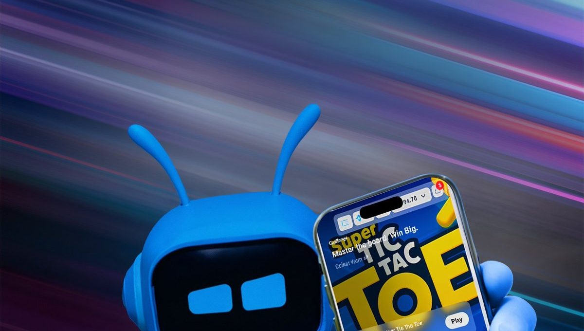 Blue robot mascot holding a smartphone displaying a bold "TIC TAC TOE" game screen.