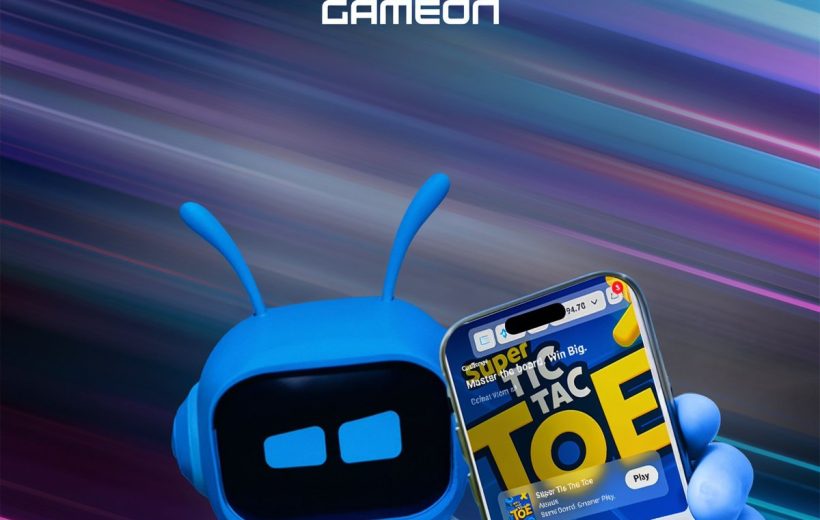 Blue robot mascot holding a smartphone displaying a bold "TIC TAC TOE" game screen.