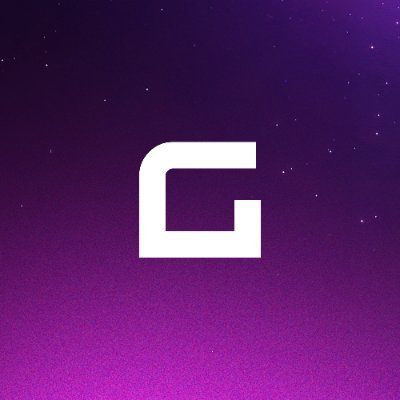 White stylized "G" logo centered on purple and pink gradient starry background