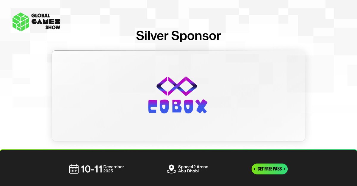 Silver Sponsor banner displaying Cobox logo for Global Games Show, event dates and venue